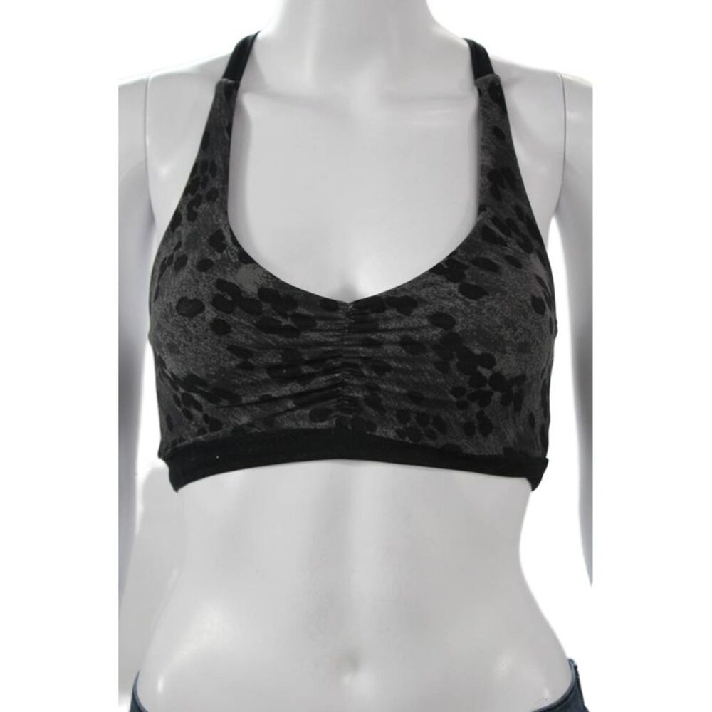 Splits 59 Womens Cross Strap Leopard Printed Sports Bra Gray Black Size XS
